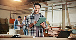 Planning, man and happy with tablet for carpentry, cut list update and log client revision on app. Staff, carpenter or smile with tech in workshop for material specs, supplier website or lumber order