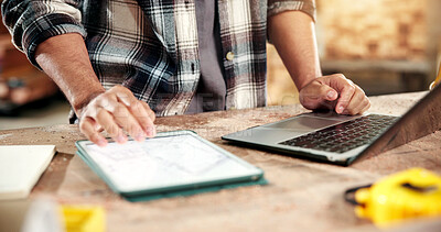 Buy stock photo Laptop, hands and planning on tablet screen for carpentry, digital blueprint and joinery sizing. Carpenter, person and tech with CAD review for furniture production, framing layout and material specs