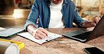 Hands, carpenter and laptop at workshop with clipboard, research and pricing timber for production. Person, checklist and pc at factory for carpentry, quotation and order for manufacturing furniture