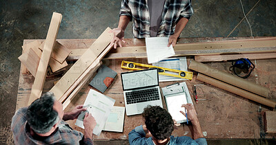 Buy stock photo People, carpenter and laptop at workshop with document, stock and timber price for production. Above, team and tech at warehouse for carpentry, quotation and mockup space for manufacturing furniture