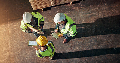 Buy stock photo Tablet, men and carpenter in workshop with blueprint on furniture manufacturing in collaboration. Clipboard, digital technology and woodworkers with quality control for timber project from above.