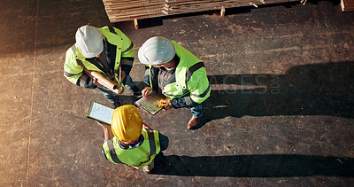 Buy stock photo Blueprint, men and carpenter in workshop with tablet on furniture manufacturing in collaboration. Discussion, digital technology and woodworkers with quality control for timber project from above.