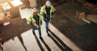 Buy stock photo Walking, men and carpenters in workshop with discussion on furniture manufacturing in collaboration. Clipboard, conversation and woodworkers with quality control for timber project from above.