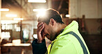 Architect, man and stress with mistake in warehouse for distribution delay, deadline or bad news. Sad, construction or male person with depression for freight fail, building or supply chain issue