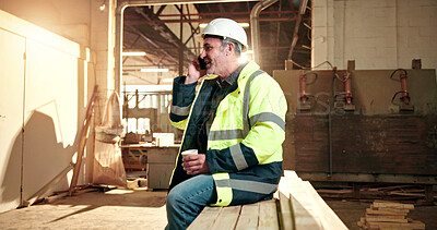 Buy stock photo Carpentry, coffee and man in workshop for phone call, production update and talking on break. Carpenter, manager and mature person on cellphone for conversation, feedback and contact for renovation