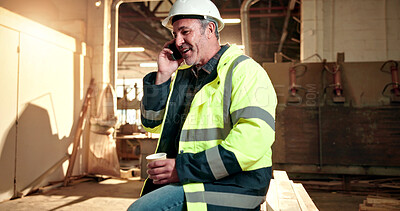 Buy stock photo Carpentry, construction and man with coffee for phone call, production update and talking on break. Carpenter, happy and mature person on cellphone for chat, feedback and contact for renovation