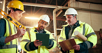 Buy stock photo Carpenter, team and men with tablet in factory, furniture production or talking with research on web. Carpentry, collaboration and people with tech, manufacturing and planning for design project