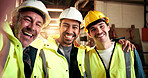 Selfie, men and portrait of carpenters in workshop with confidence for furniture manufacturing. Happy, collaboration and woodworkers with photography picture for about us, teamwork or timber project.