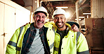 Hug, men and portrait of carpenters in workshop with confidence for furniture manufacturing. Smile, collaboration and woodworkers with pride for about us, teamwork or timber project in factory.