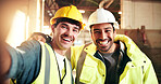 Smile, selfie and portrait of carpenters in workshop with confidence for furniture manufacturing. Men, collaboration and woodworkers with photography picture for about us, teamwork or timber project.