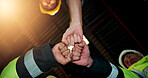 Hands, fist bump and engineer with people in warehouse for solidarity, architecture and meeting. Construction, mission and low angle of employees in factory for property development and achievement