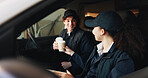 Delivery, coffee and cheers with people in van for courier route, shipping success and transport. Logistics, cargo distribution and shipment goal with employees in vehicle for export and toast