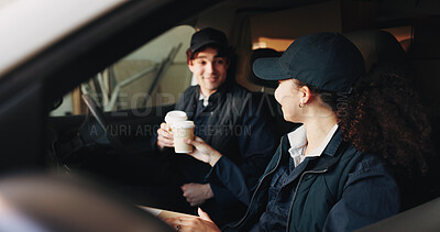 Buy stock photo Delivery, coffee and cheers with people in van for courier route, shipping success and transport. Logistics, cargo distribution and shipment goal with employees in vehicle for export and toast