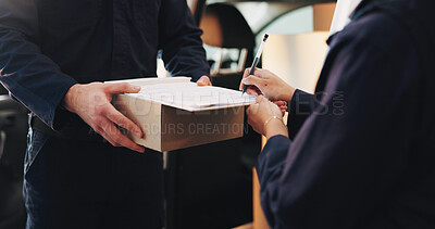 Buy stock photo Hands, courier and customer with paperwork for signature, compliance and proof of shipment. Delivery man service, worker and person with safety approval for package, distribution or clipboard for box