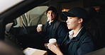 Delivery, coffee and team with people in van for courier route, shipping service and transport. Logistics, cargo distribution and package shipment with employees in vehicle for export and driver