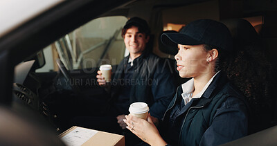 Buy stock photo Delivery, coffee and team with people in van for courier route, shipping service and transport. Logistics, cargo distribution and package shipment with employees in vehicle for export and driver