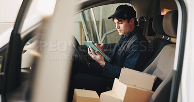 Buy stock photo Tablet, boxes and deliveryman in van for ecommerce, dispatch or online logistics information. Supply chain, cardboard package or employee with parcel for courier, distribution or cargo shipping