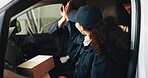 Logistics, woman and team high five in delivery van for shipping, order fulfillment and support. Boxes, workers and celebration in transport for courier success, package dispatch and job well done