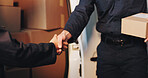 Handshake, box and delivery with people at van for shipping, meeting and package shipment. Logistics, courier service and shaking hands with client and driver at vehicle for thank you and greeting