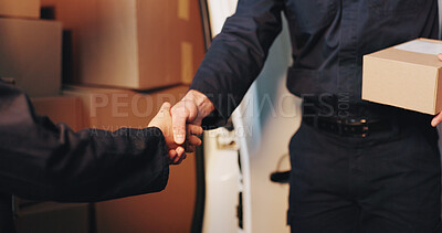 Buy stock photo Handshake, box and delivery with people at van for shipping, meeting and package shipment. Logistics, courier service and shaking hands with client and driver at vehicle for thank you and greeting
