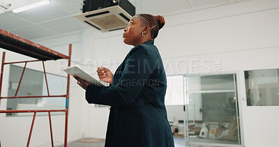Buy stock photo Building, inspection and woman with clipboard for evaluation, report and safety compliance. Contractor, architecture and African person with review for remodeling, renovation project and property