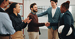 Handshake, team and engineer with people on site for building inspection, renovation and applause. Success, architect advisor and shaking hands with employees for property surveyor and support
