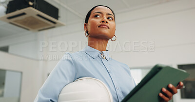 Buy stock photo Woman, architect or thinking with tablet in building for security, maintenance or safety inspection. Female person, contractor or civil engineer checking property structure with technology on site