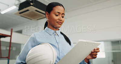 Buy stock photo Checklist, building and woman with clipboard for evaluation, report and safety compliance for inspection. Contractor, architecture and person with review for remodeling, renovation and property
