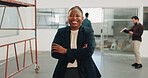 Business, woman or arms crossed with smile for construction, building renovation or site inspection. Portrait, client representative and confident for remodeling, project lead or property development