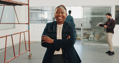 Buy stock photo Business, woman or arms crossed with smile for construction, building renovation or site inspection. Portrait, client representative and confident for remodeling, project lead or property development