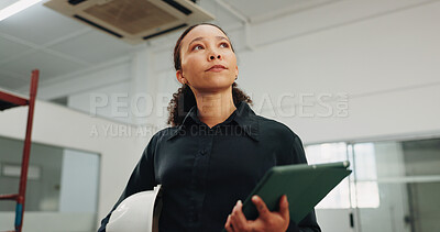 Buy stock photo Woman, architect or thinking with tablet on construction site for security or safety inspection. Female person, contractor or civil engineer checking property structure with technology or maintenance