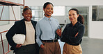Happy, women and portrait of construction workers in office with renovation, about us or team. Smile, crossed arms and group of civil engineers with pride for workplace remodeling in collaboration.