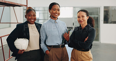 Buy stock photo Happy, women and portrait of construction workers in office with renovation, about us or team. Smile, crossed arms and group of civil engineers with pride for workplace remodeling in collaboration.