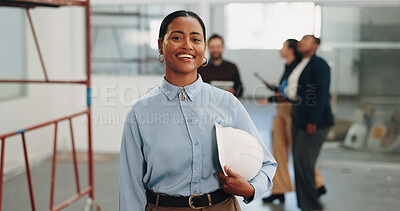 Buy stock photo Portrait, woman and happy with helmet for construction, building renovation and code compliance. Engineering consultant, confidence and about us with PPE for site visit, project lead and inspection