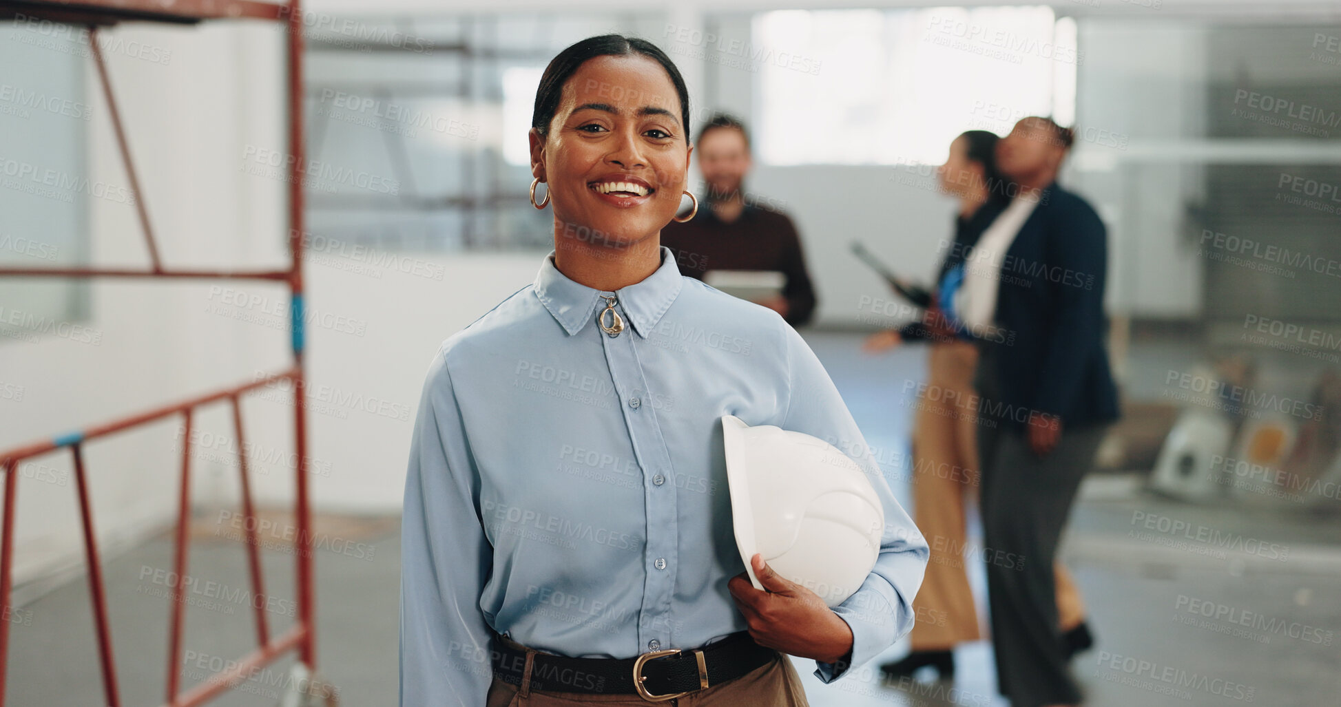 Buy stock photo Portrait, woman and happy with helmet for construction, building renovation and code compliance. Engineering consultant, confidence and about us with PPE for site visit, project lead and inspection