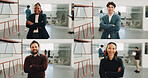Arms crossed, collage and portrait of people for building inspection, renovation and about us. Construct site, architect advisor and engineer project with employees for property surveyor and smile 