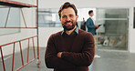 Crossed arms, happy and portrait of businessman in office with confidence for remodeling project. Smile, about us and corporate employee with pride for startup company with workplace renovation.