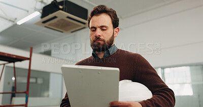 Buy stock photo Building, inspection and man with clipboard for evaluation, report and safety compliance for review. Contractor, architecture and person with documents for remodeling, renovation project and property