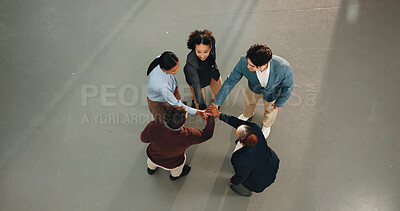 Buy stock photo Business, people and meeting with hands together for collaboration, mission or teamwork. Top view, group or employee piling with smile or stack in huddle or circle for unity or solidarity with space
