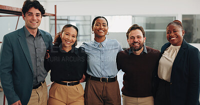 Buy stock photo Architect, team and hug portrait on site for building project, staff pride and inspection unity. Architecture, happy people and worksite embrace for renovation, construction and diversity in industry