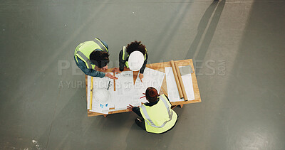 Buy stock photo Architect, team or discussion with blueprint for construction planning or building strategy. Top view, people or contractors with documents for meeting, brainstorming or architecture development