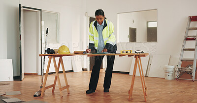 Buy stock photo Engineer, drawing and upgrade with woman and blueprint for property surveyor, architect or renovation. Drafting, floor plan or building contractor with person on construction site for remodeling