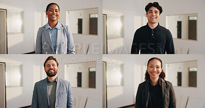 Buy stock photo Happy, collage and portrait of business people in office with confidence in real estate agency. Smile, property firm and realtors with pride for about us, service or job opportunity with ambition