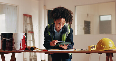 Buy stock photo Construction, tablet and woman in office with blueprint, planning and drawing for building design. Architecture, contractor and person at desk with tech, research and remodeling layout for renovation