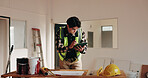 Architecture, tablet and man in building with blueprint, planning and drawing for structure design. Construction, contractor and person at desk with tech, sketch and remodeling layout for renovation