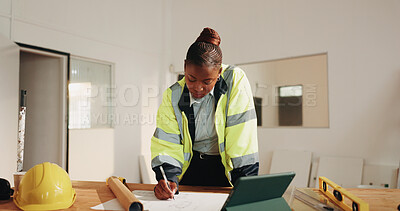 Buy stock photo Architect, drawing and project with black woman and blueprint for property surveyor, engineer or review. Drafting, floor plan or building contractor with person on construction site for remodeling