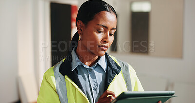 Buy stock photo Construction, interior design and tablet with architect woman in home for renovation schedule. App, building and project management with engineer in apartment for housing or property development