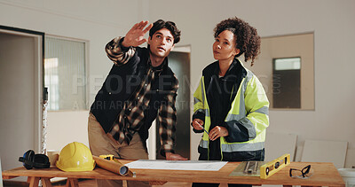 Buy stock photo Architect, planning and discussion on site with builder, design advice or partnership for renovation. People, talk and remodeling of commercial building with teamwork, architecture or project update.
