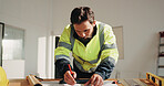 Engineer, drawing and project with man and blueprint for property surveyor, architect or renovation. Drafting, floor plan or building contractor with person on construction site for remodeling