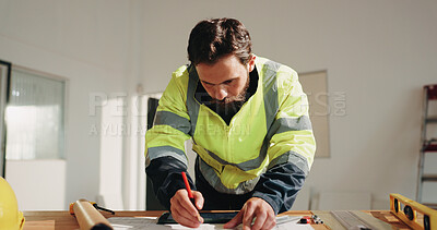 Buy stock photo Engineer, drawing and project with man and blueprint for property surveyor, architect or renovation. Drafting, floor plan or building contractor with person on construction site for remodeling